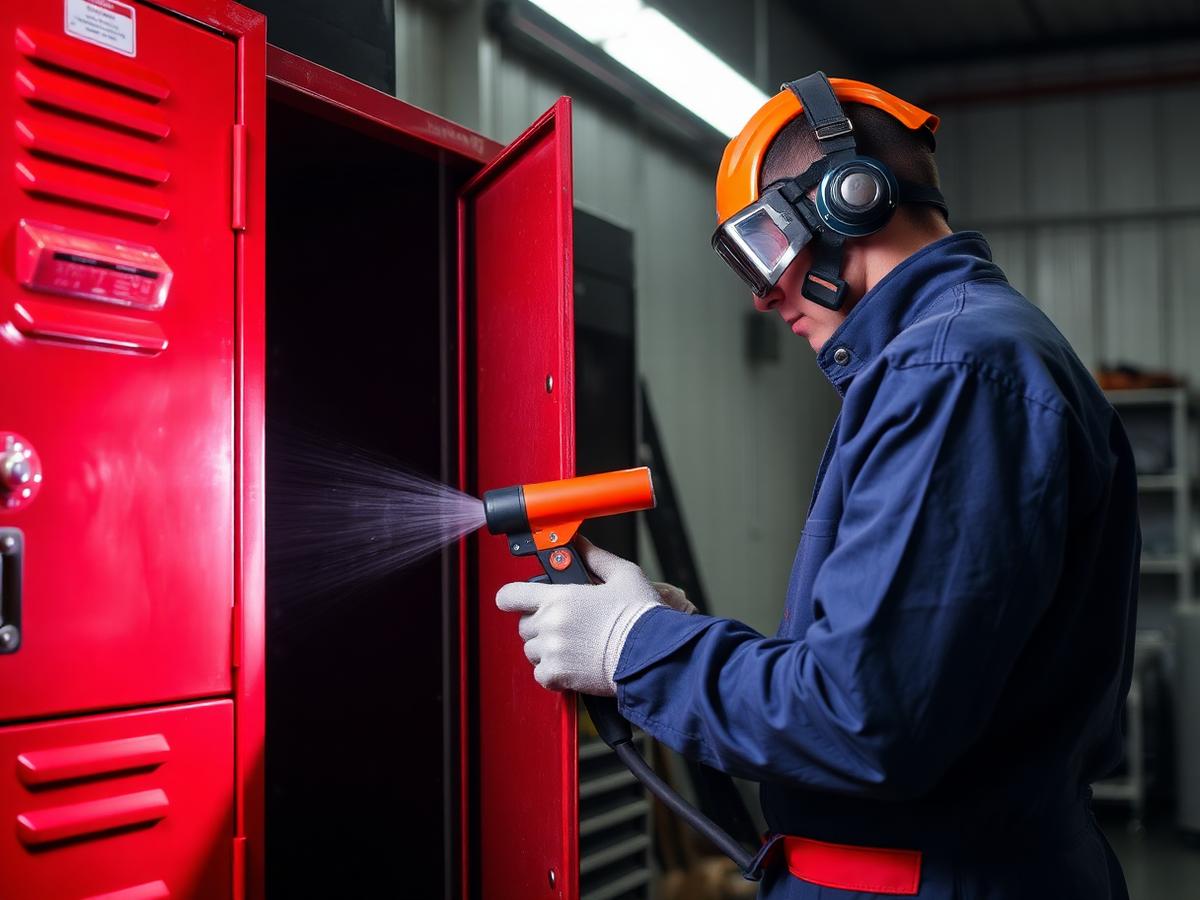 Technician electrostatically refinishing metal lockers on site