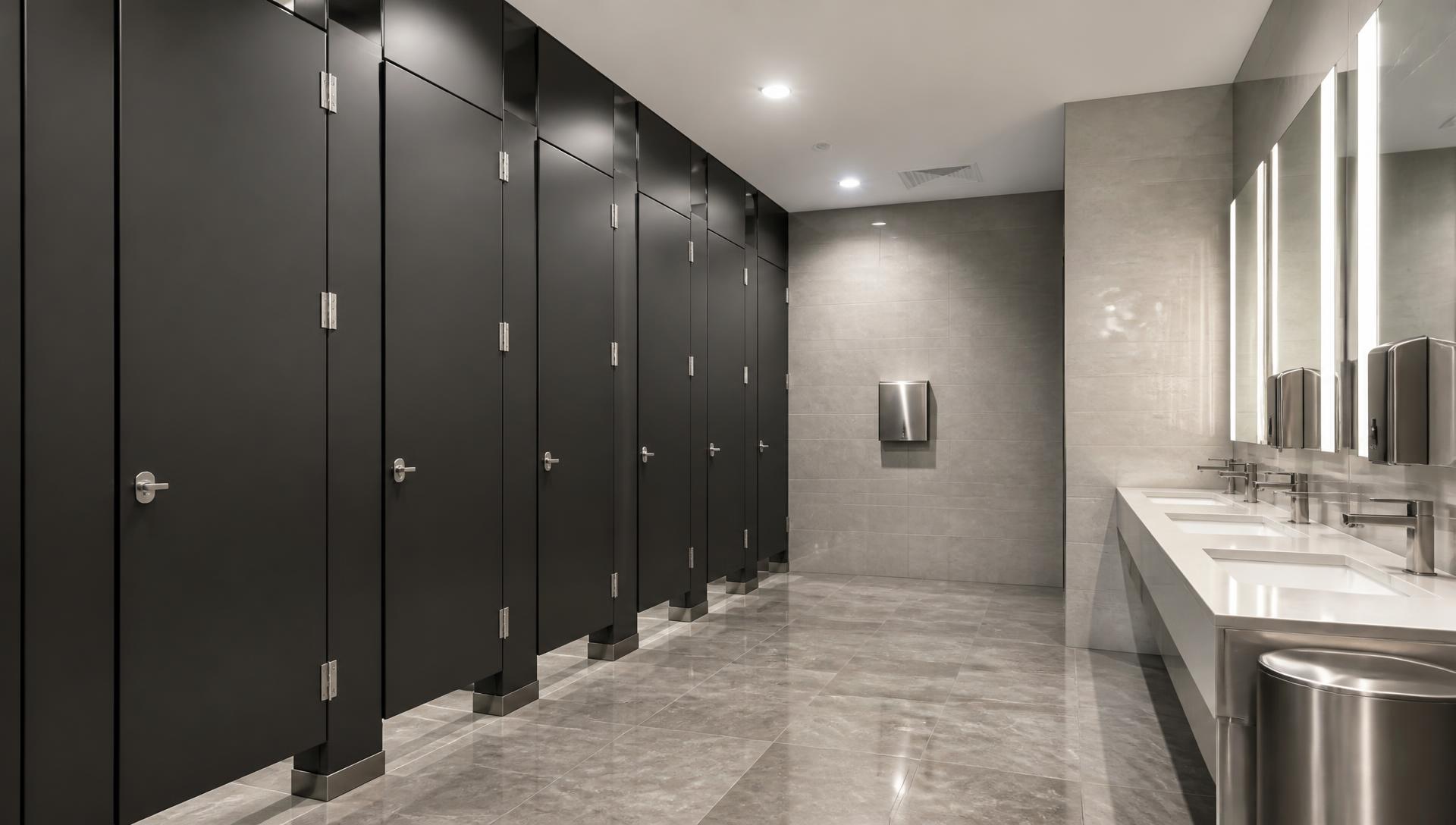 Commercial restroom with floor-to-ceiling phenolic toilet partitions