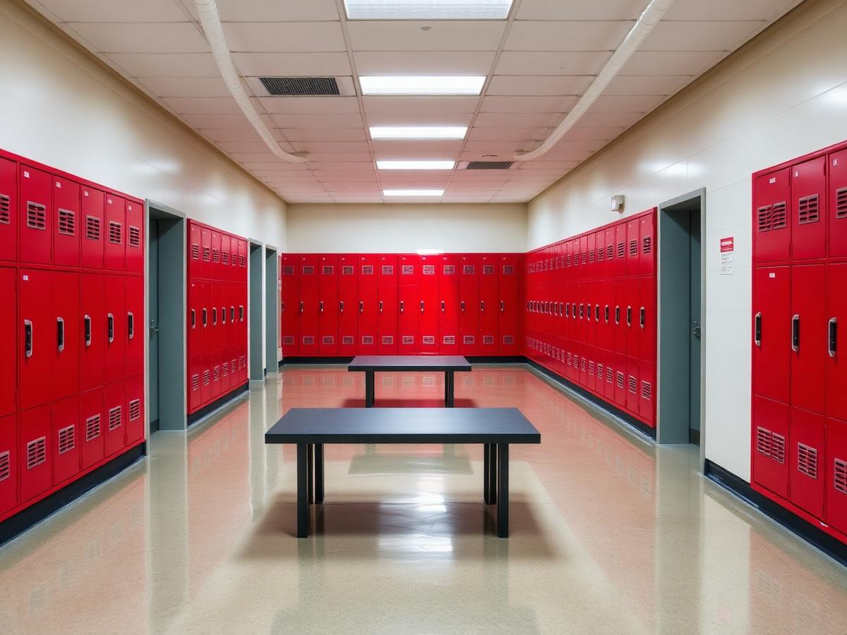 Red metal lockers and benches in a school locker room