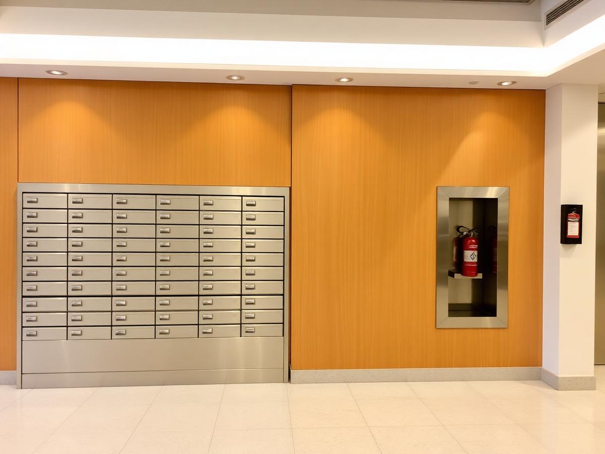 Brushed aluminum mailboxes and a recessed fire extinguisher cabinet in a lobby