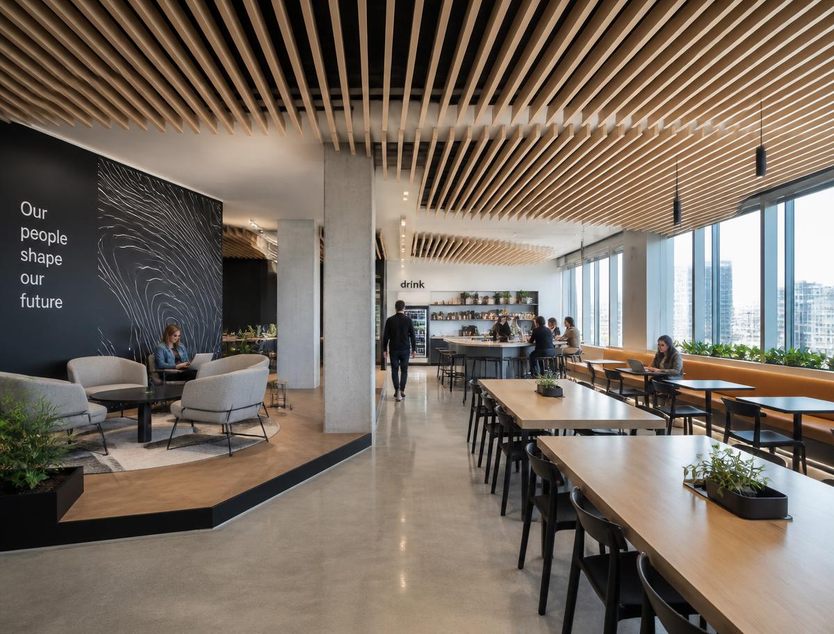 Bright corporate amenity floor with wood slat ceiling, communal tables, and lounge seating