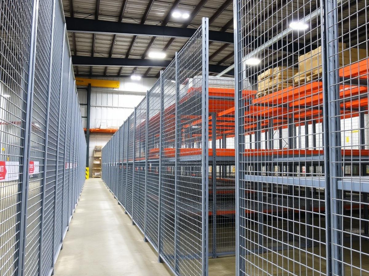 Steel wire mesh security partitions in a distribution warehouse